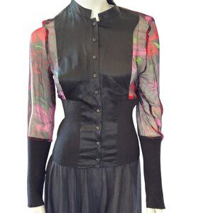 Silk Whimsigoth Fairycore Black Milkmaid Blouse With Sheer Floral Sleeves